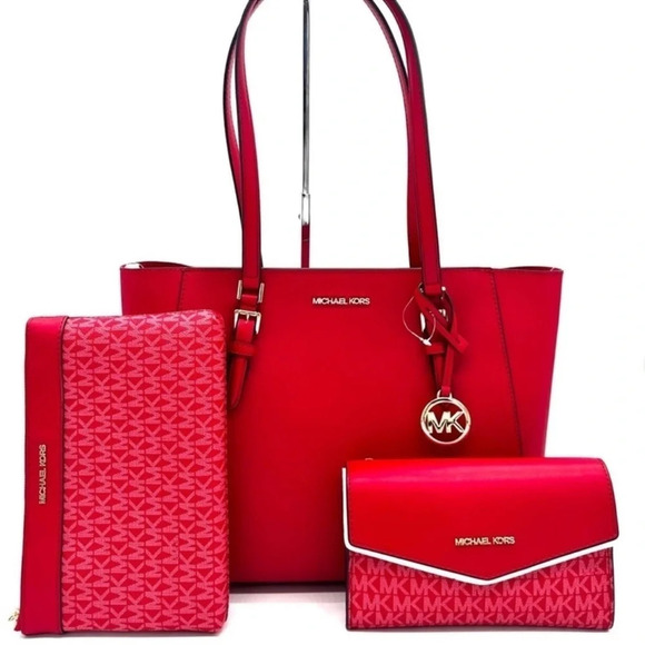 Michael Kors Charlotte LG Tote Bag 3 IN 1 Leather Shoulder Bag Red/Gold - Picture 1 of 15